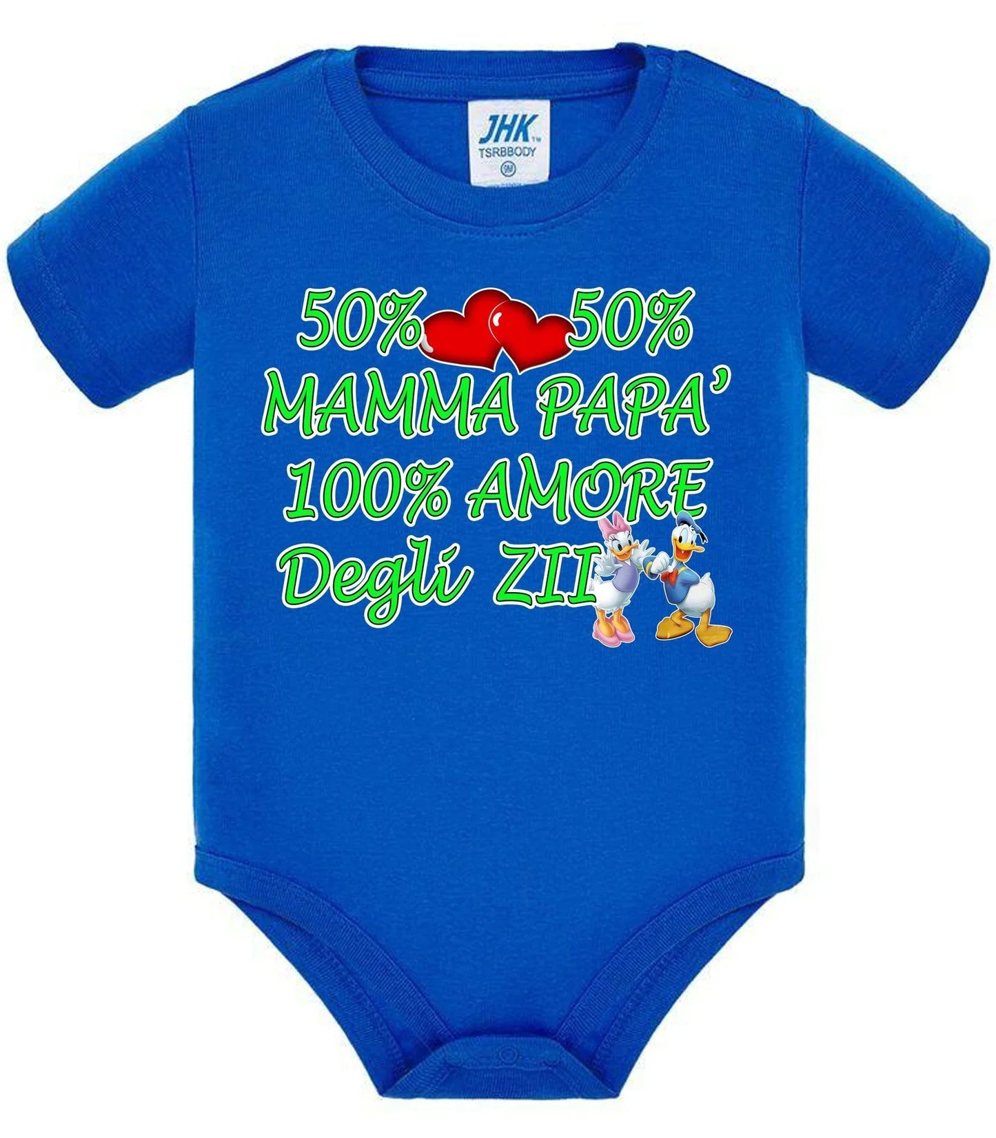 Body neonato streetwear urbano in cotone blu con stampa colorata, scritta divertente e personaggi animati.