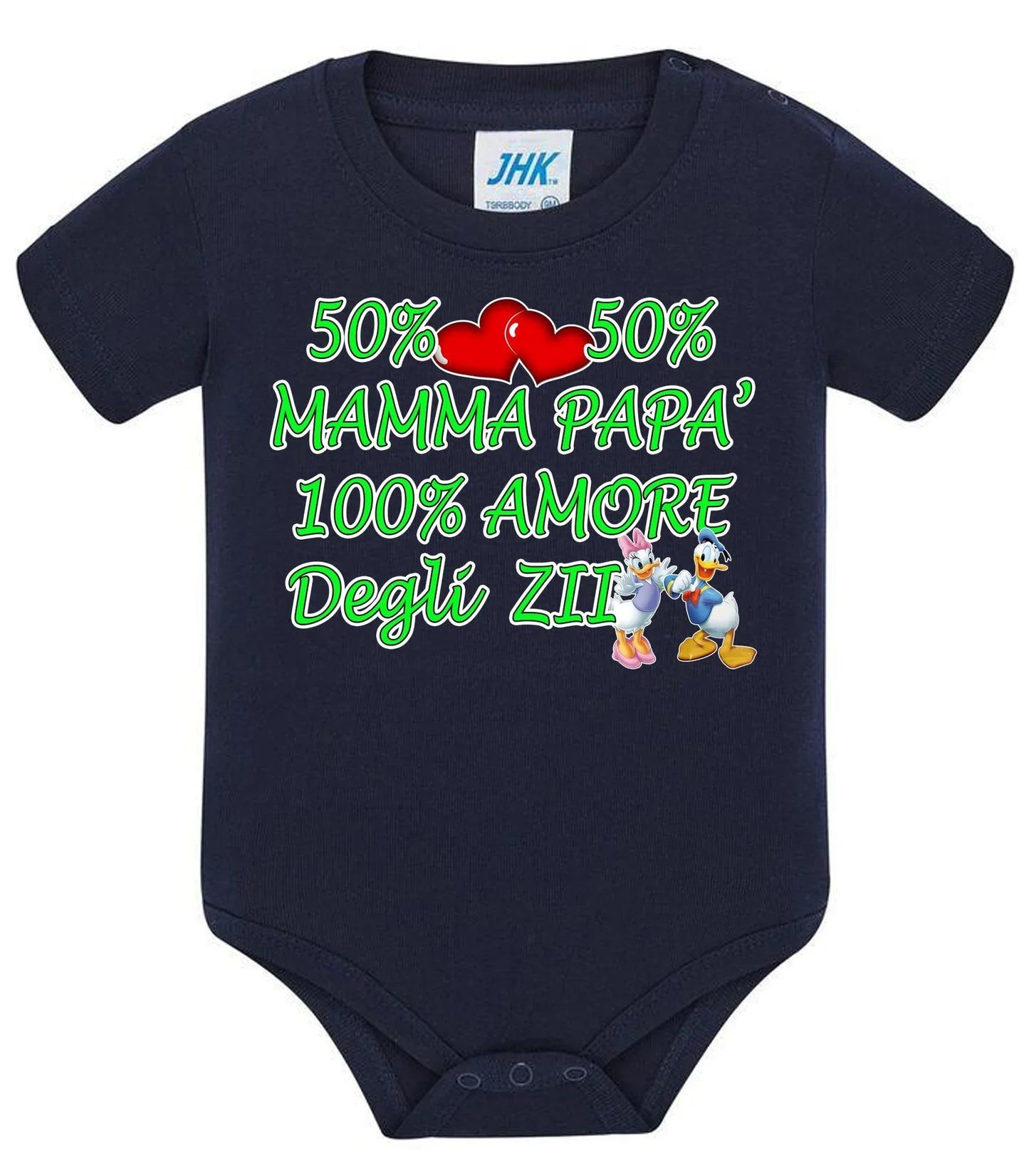 Body neonato blu in cotone, stile streetwear, stampa colorata con cuori e personaggi cartoon.