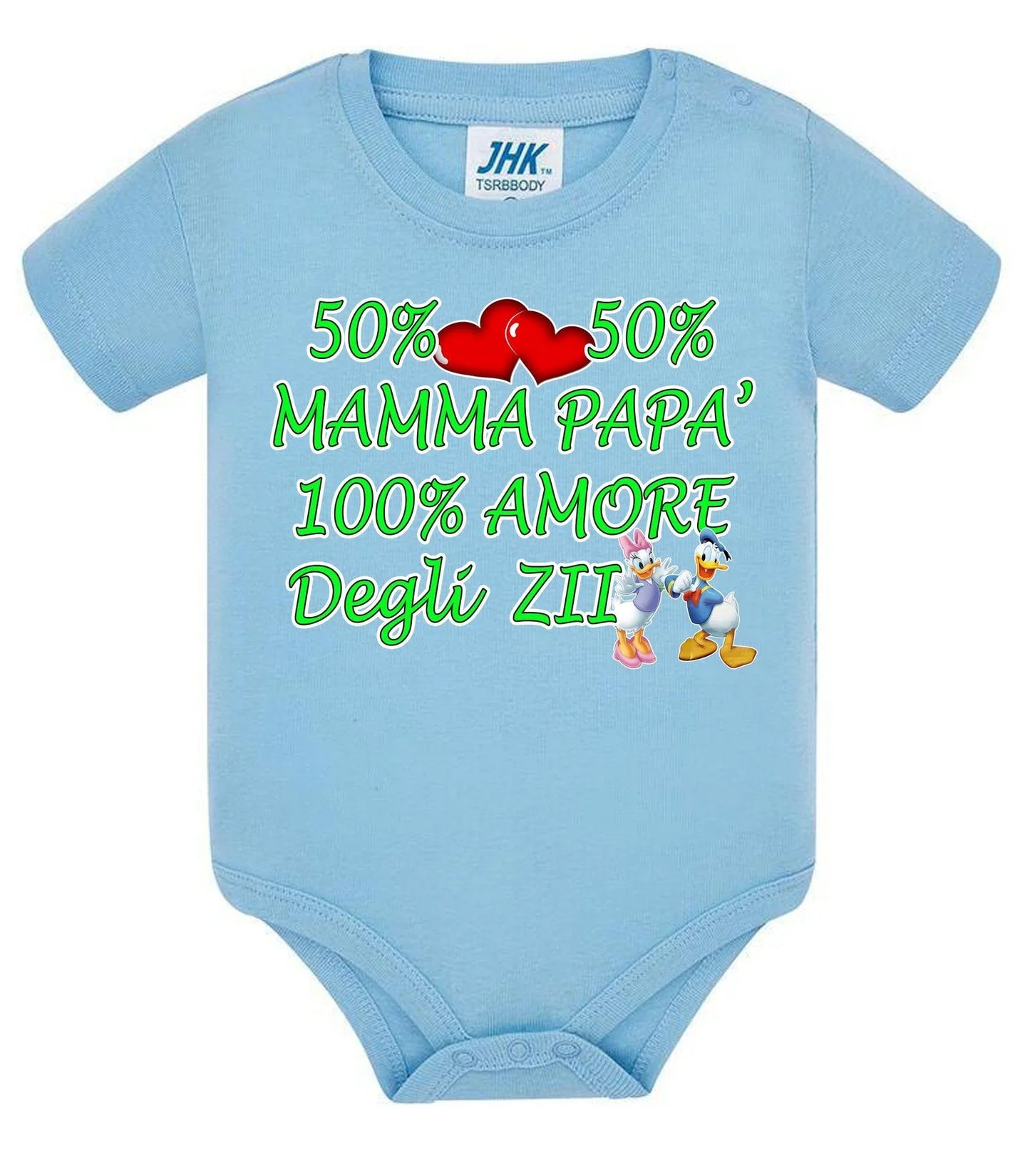 Body neonato azzurro in cotone, stampa streetwear con scritta colorata, cuori rossi e personaggi cartoon.