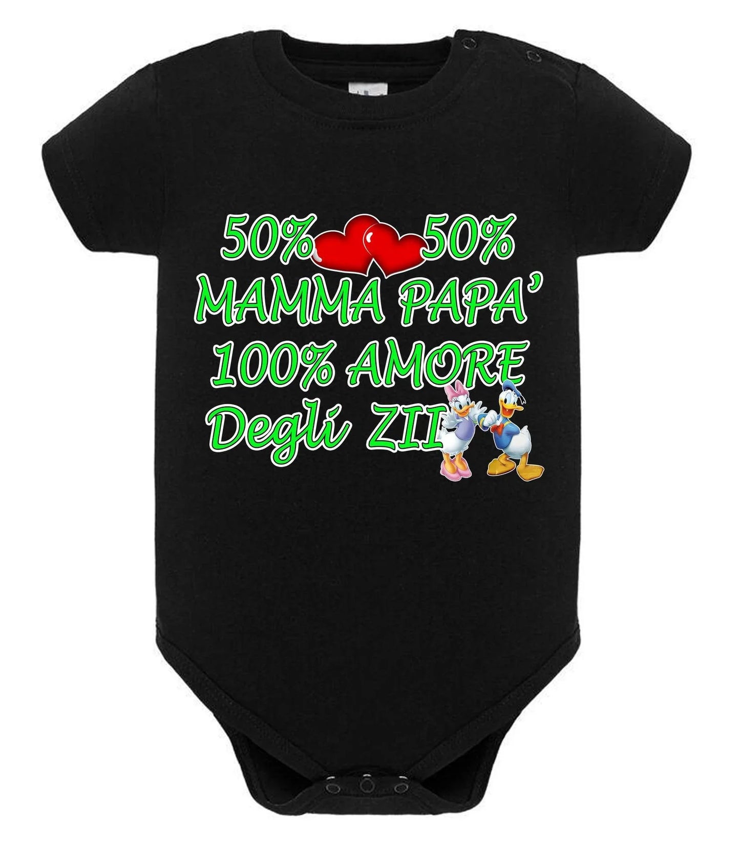Body neonato nero in cotone con scritta colorata, stile streetwear, decorato con cuori e personaggi cartoon.