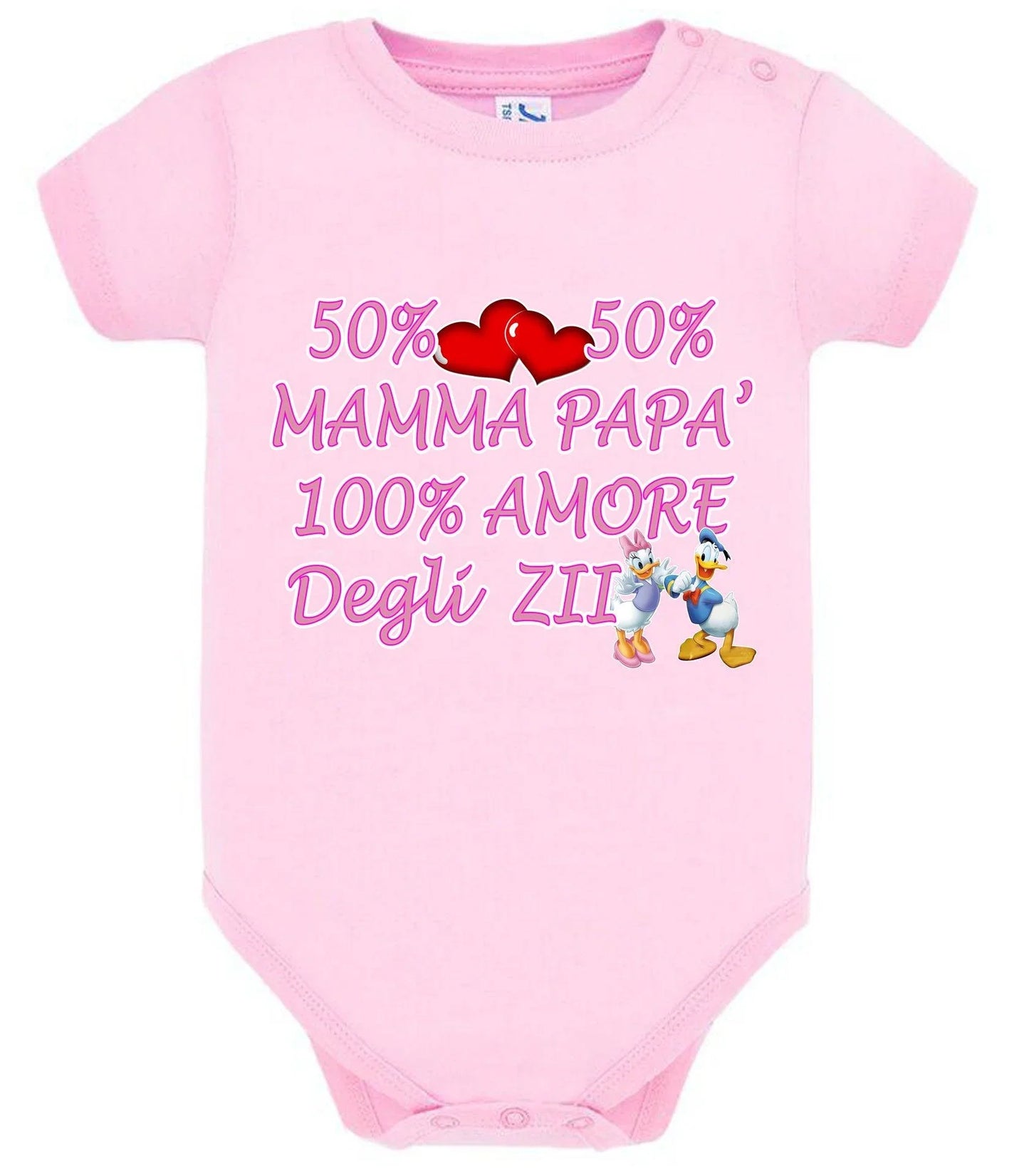 Body neonato rosa in cotone, stampa urban con scritta divertente, cuori e personaggi cartoon