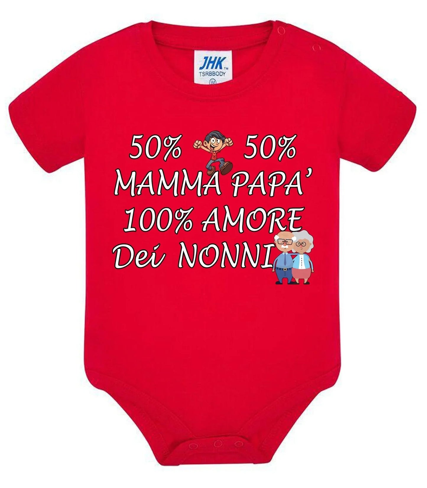 Body neonato rosso a maniche corte in cotone con scritta simpatica e grafiche nonni, stile urban streetwear.