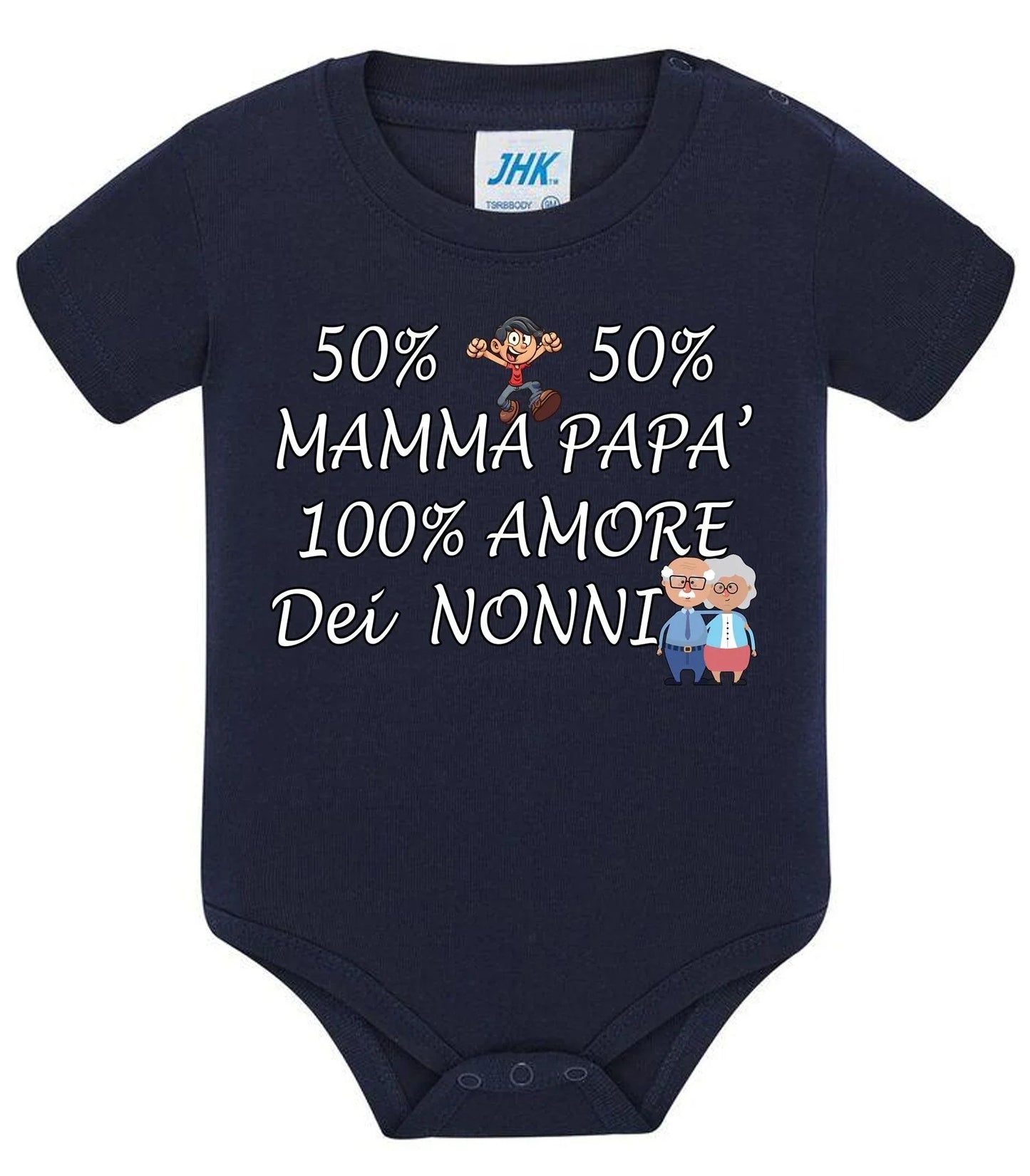 Body neonato streetwear urban in cotone blu con scritta bianca, stampa nonni e dettagli cartoon.