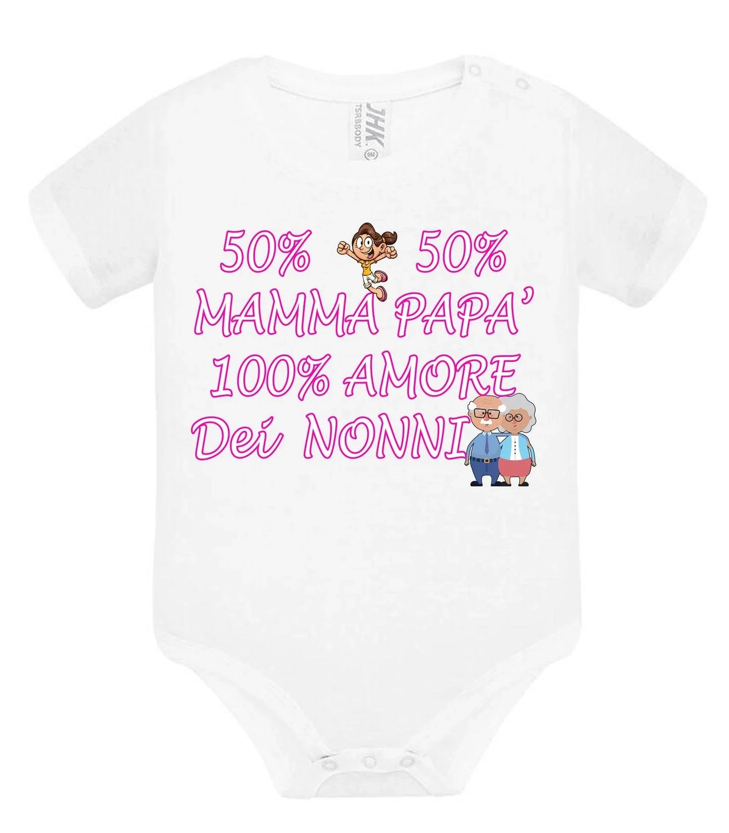 Body neonato bianco in cotone con scritta rosa e illustrazioni, stile streetwear urban.