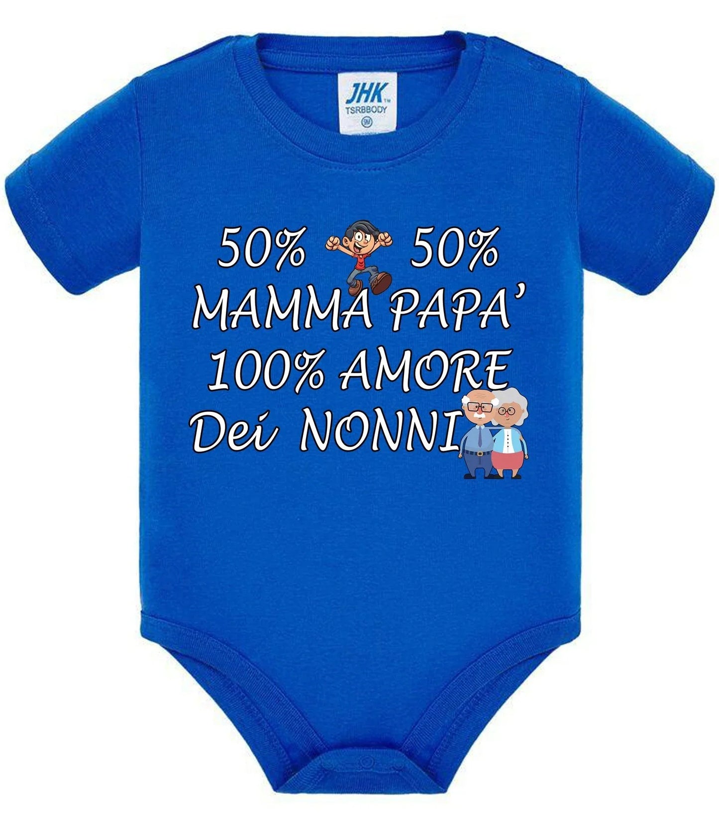 Body neonato blu in cotone, maniche corte, stile streetwear, stampa frase spiritosa e cartoon.