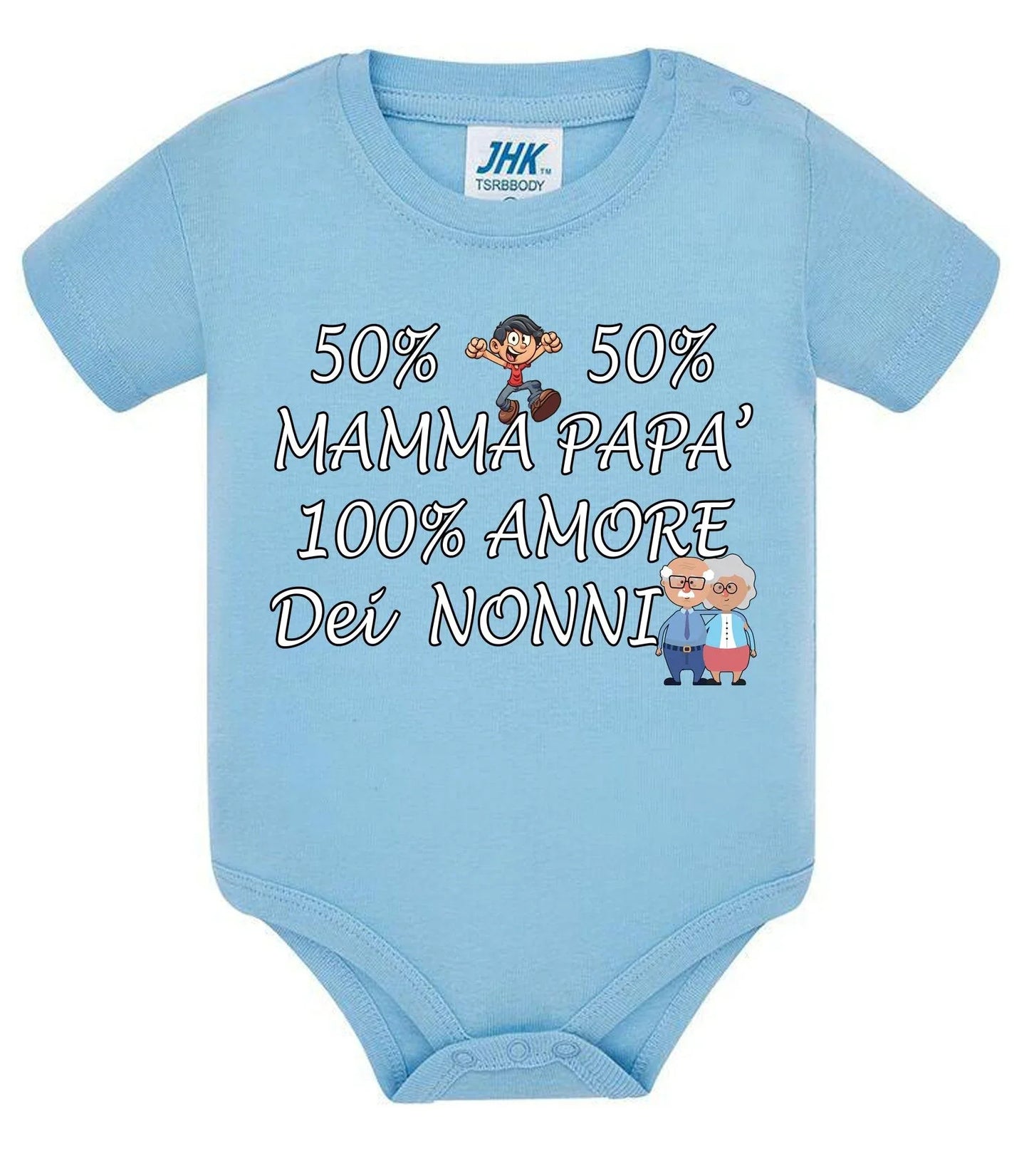 Body bimbo azzurro in cotone, stile urban, con scritta e grafica nonni, maniche corte.