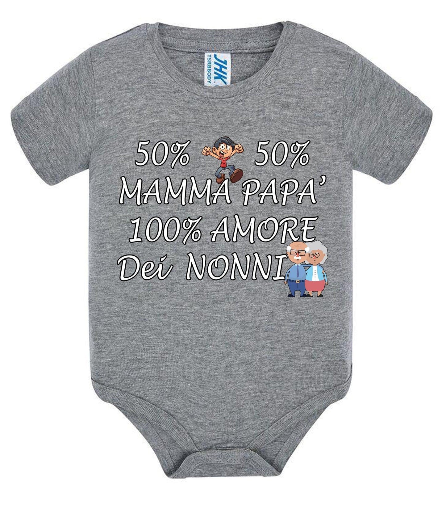 Body neonato grigio in cotone, stile streetwear, scritta nera e disegni colorati, maniche corte.