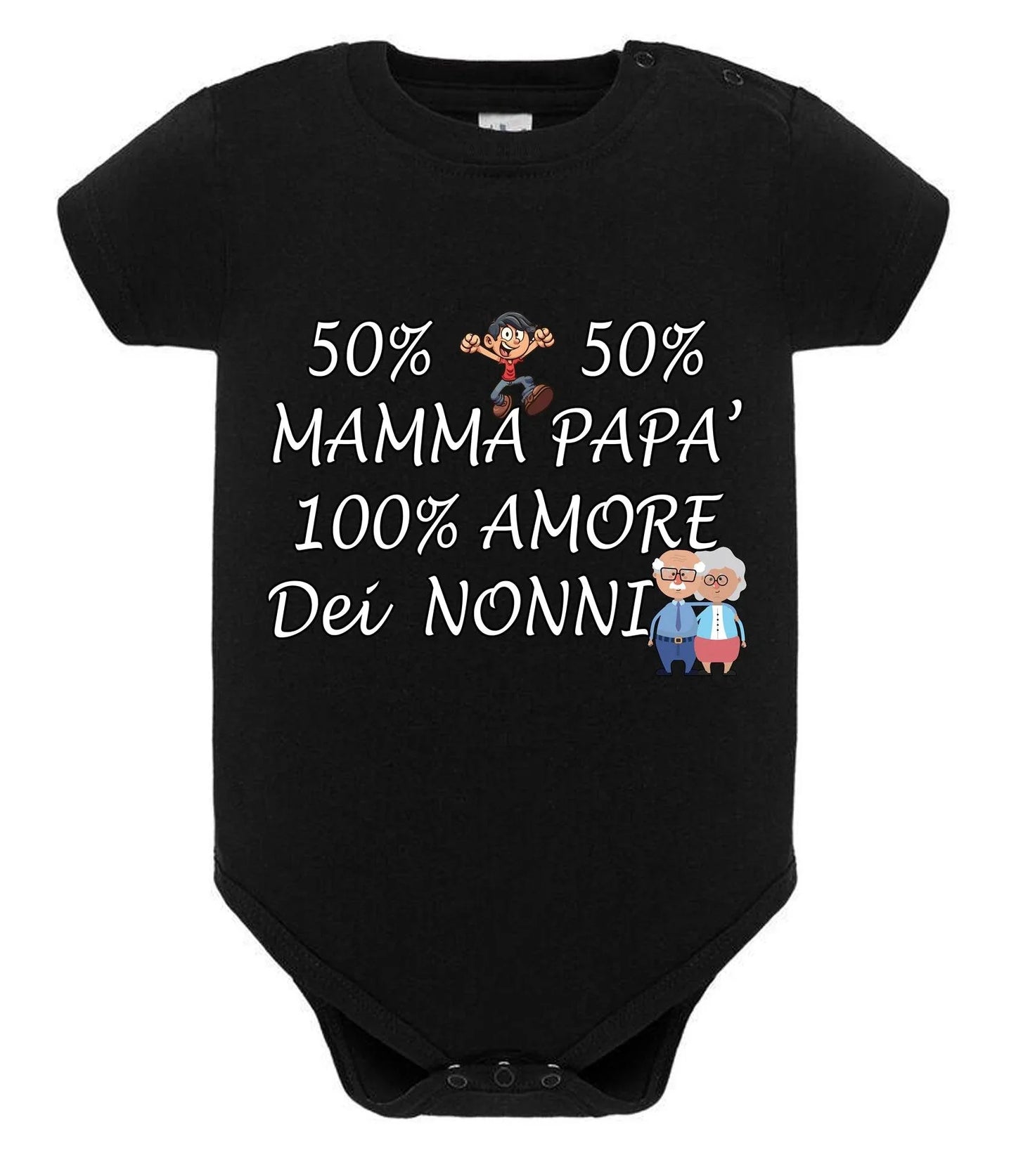 Body neonato nero in cotone con scritta bianca, grafiche nonni, stile streetwear urban