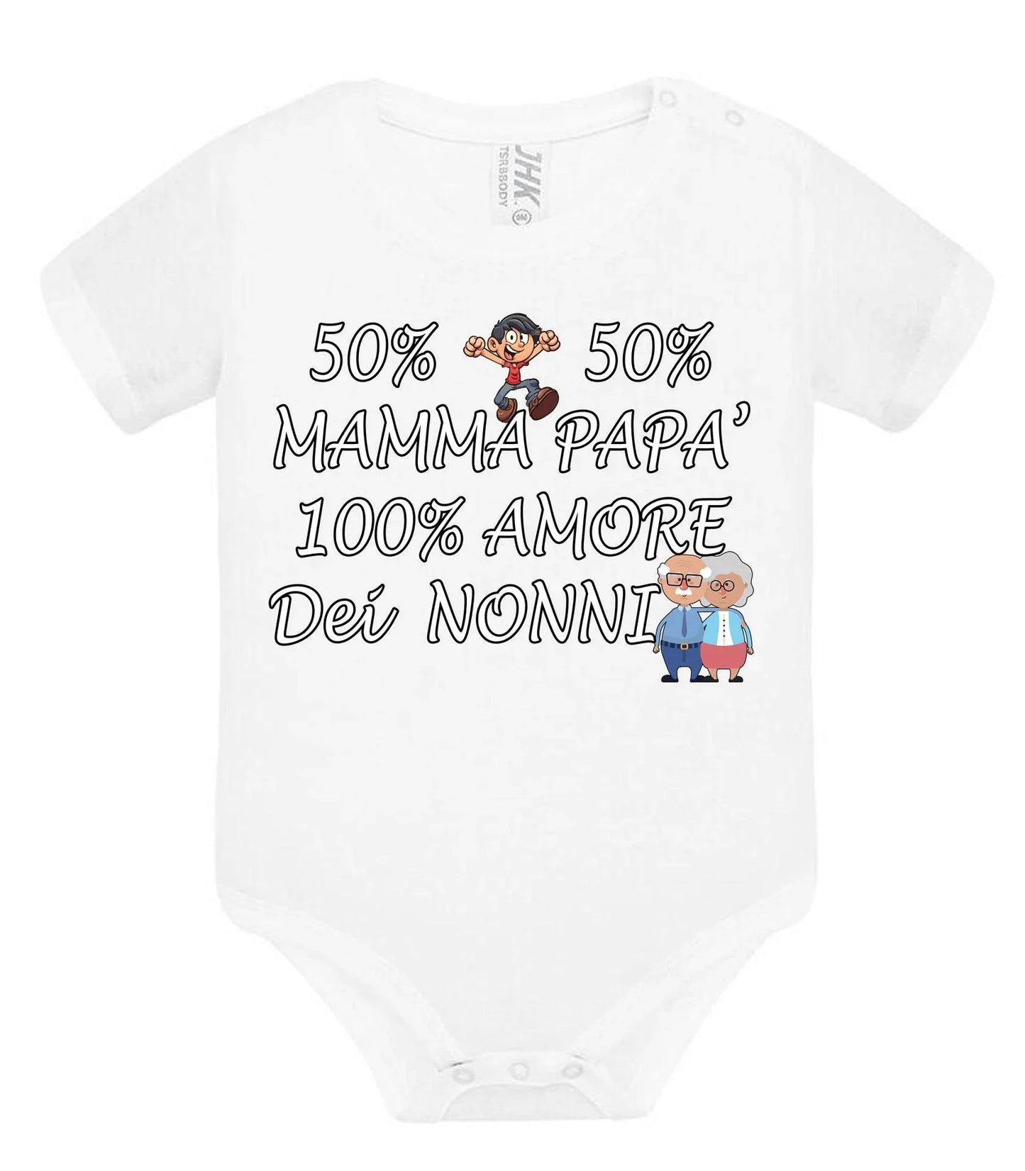 Body neonato bianco in cotone stile streetwear, maniche corte, scritta nera e disegni colorati.