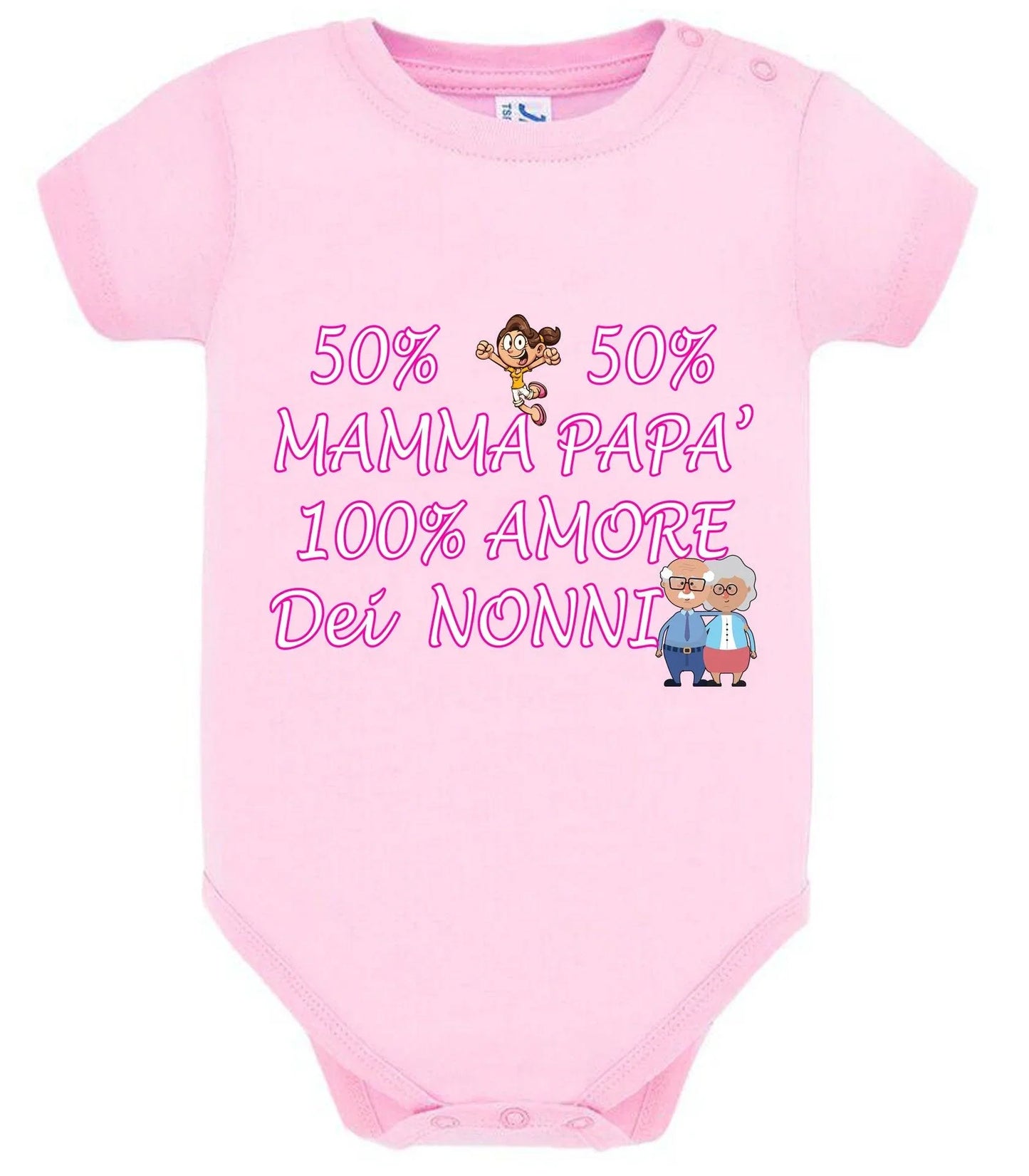 Body neonata rosa cotone, stile streetwear, con scritta '50% mamma 50% papà 100% amore dei nonni' e illustrazioni cartoon.