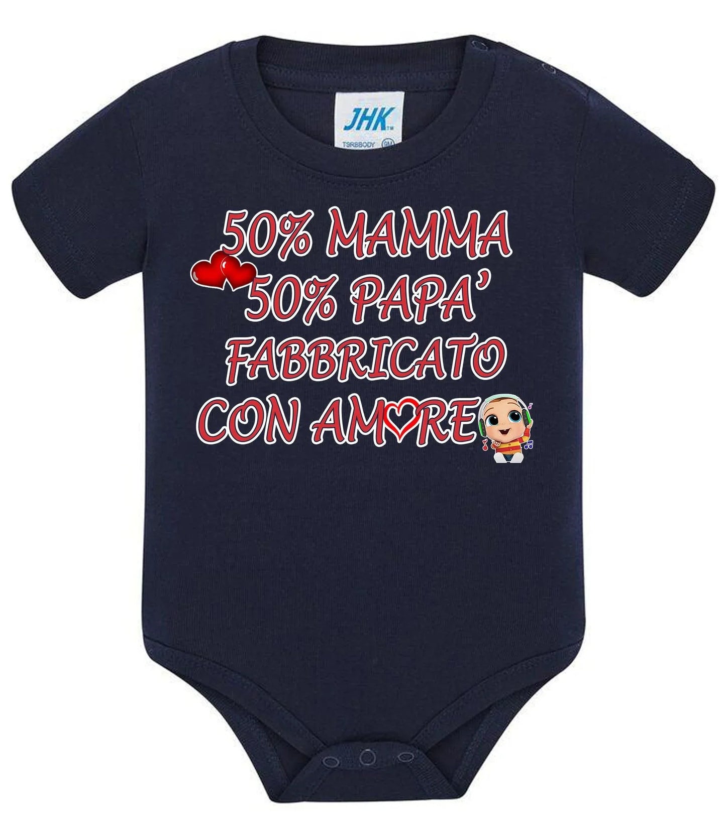 Body neonato streetwear blu scuro in cotone, scritta rossa ironica, stile urban, maniche corte