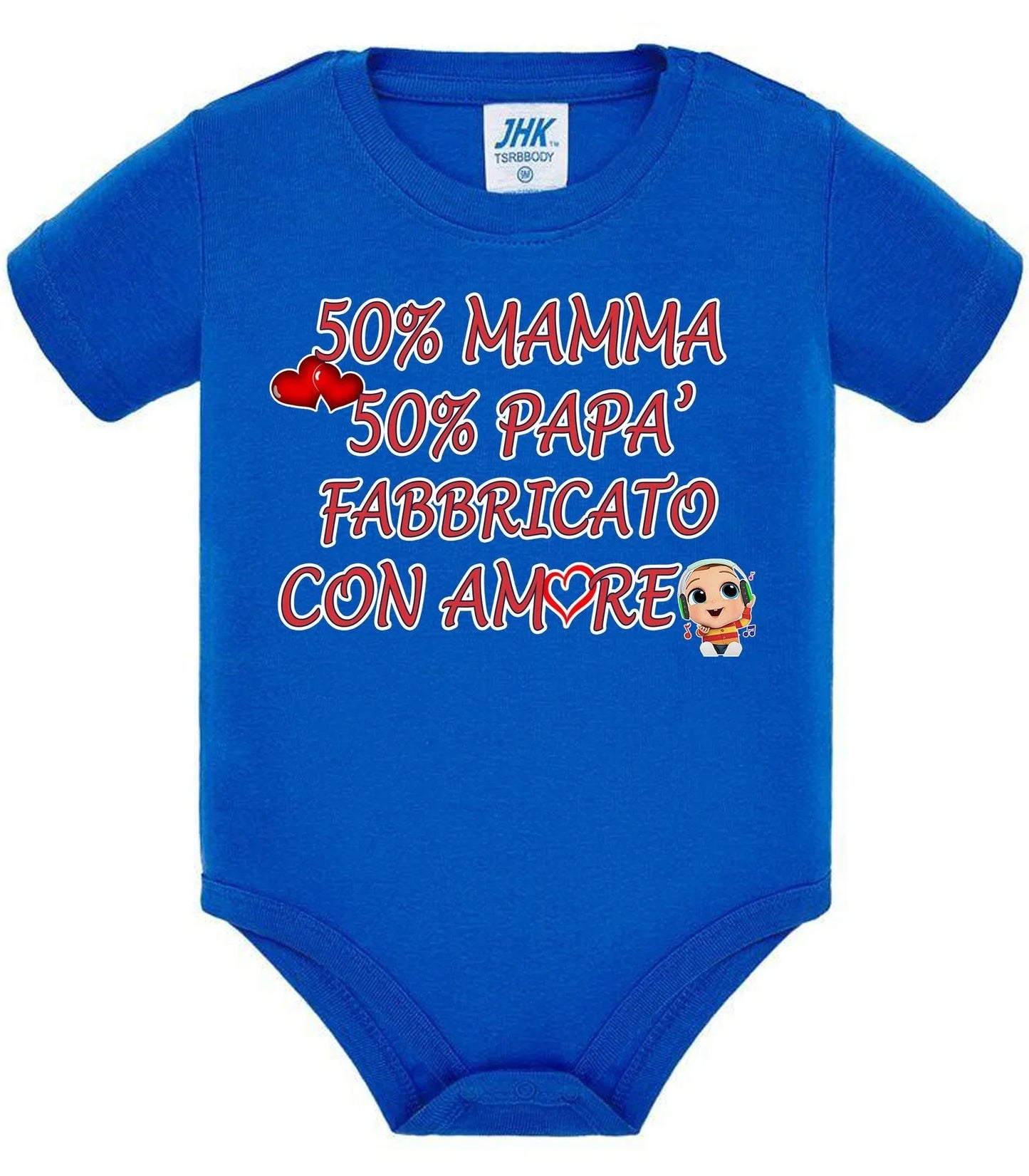 Body neonato streetwear blu in cotone con scritta rossa '50% mamma 50% papà fabbricato con amore'