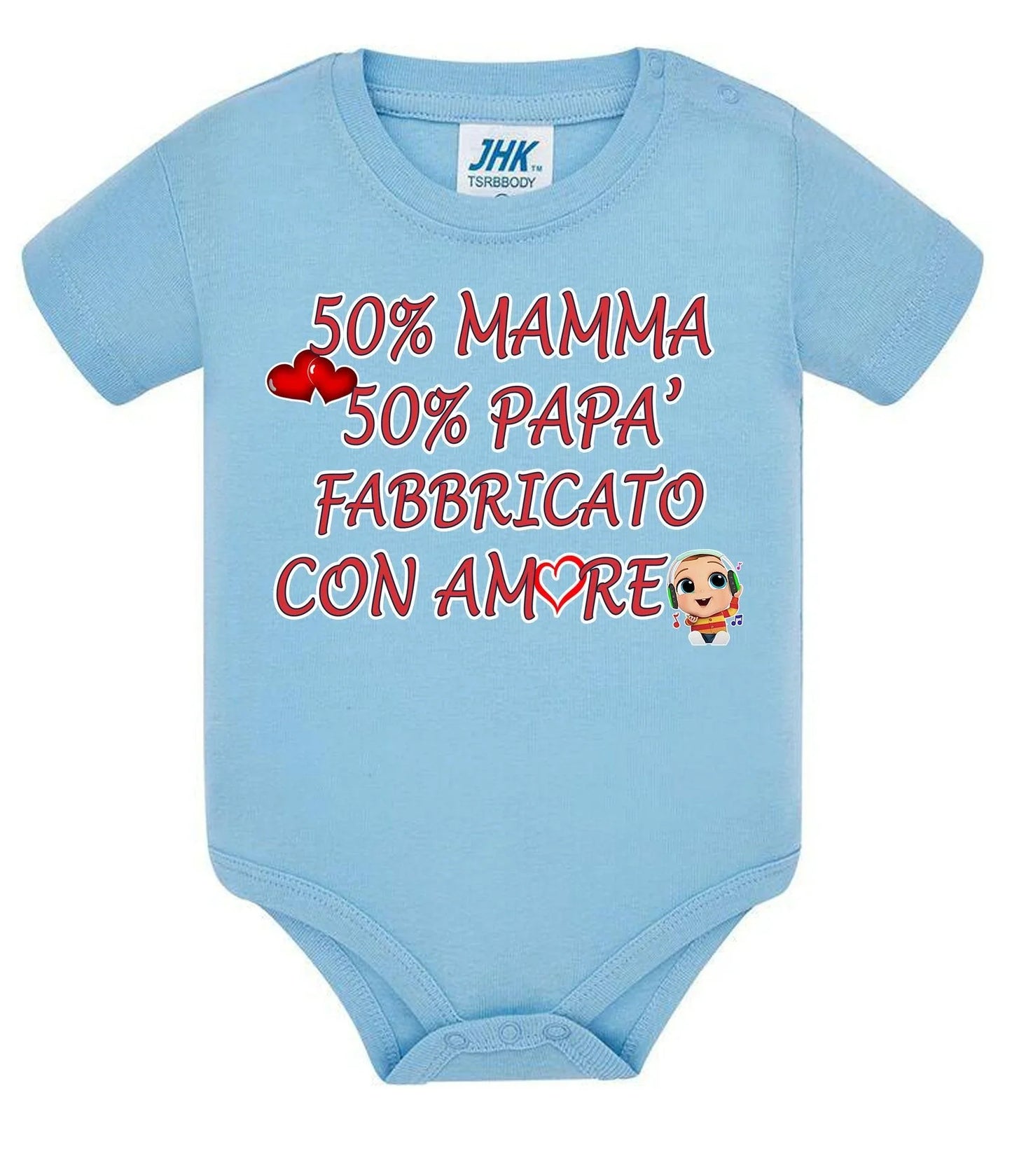 Body neonato streetwear azzurro in cotone, maniche corte, stampa testo rosso "fabbricato con amore".