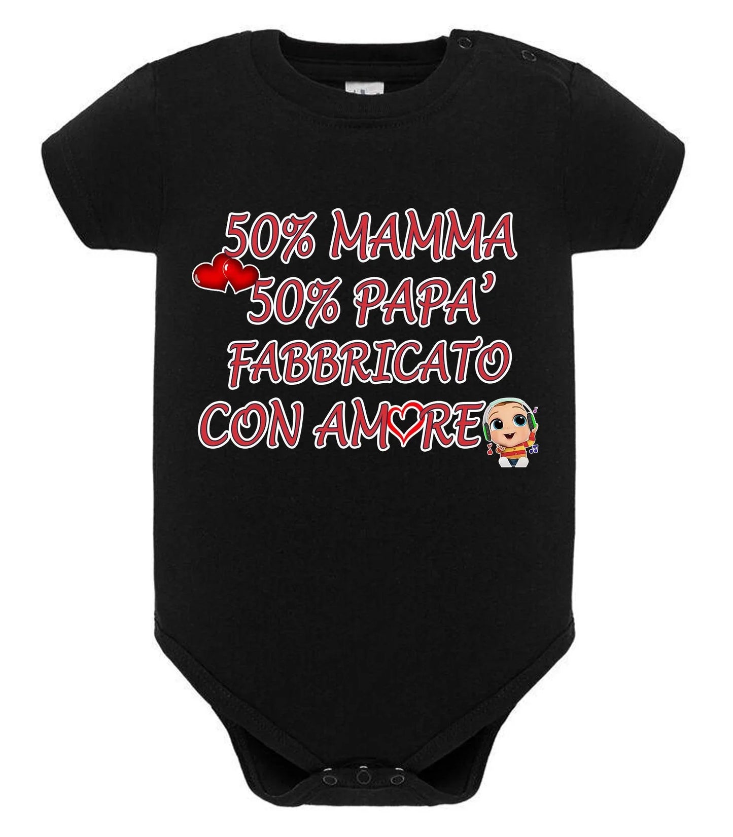 Body neonato nero in cotone con scritta streetwear bianca e rossa, stile urban, maniche corte