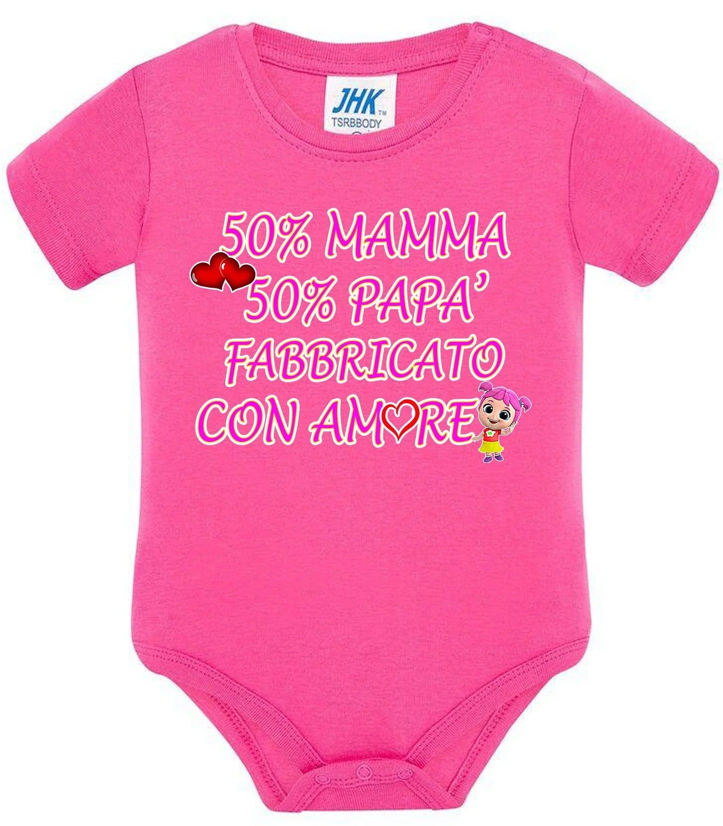 Body neonato rosa in cotone con scritta streetwear bianca e motivi cuori e cartoon