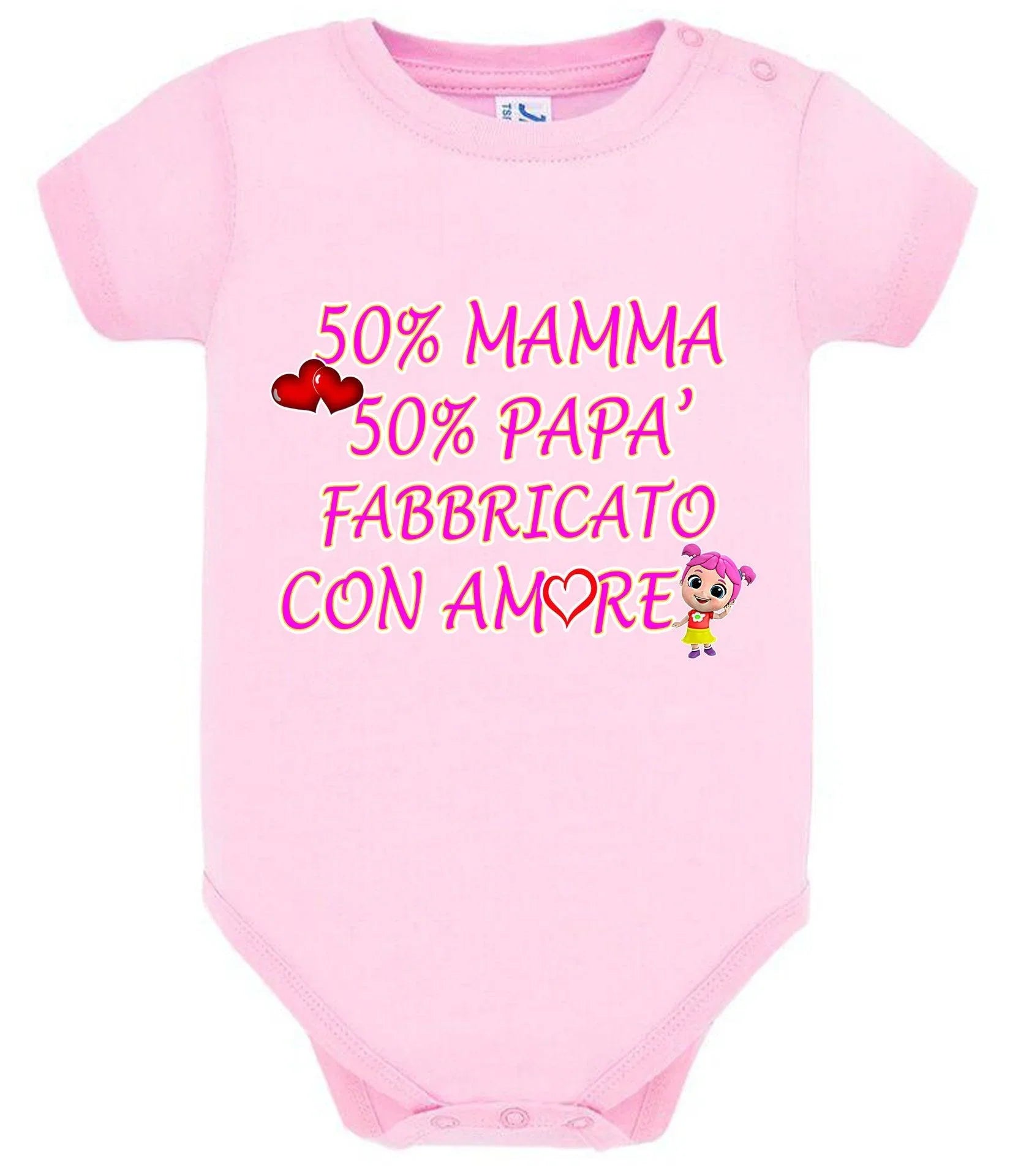 Body neonato rosa in cotone con scritta colorata, cuori e personaggio, stile streetwear urban