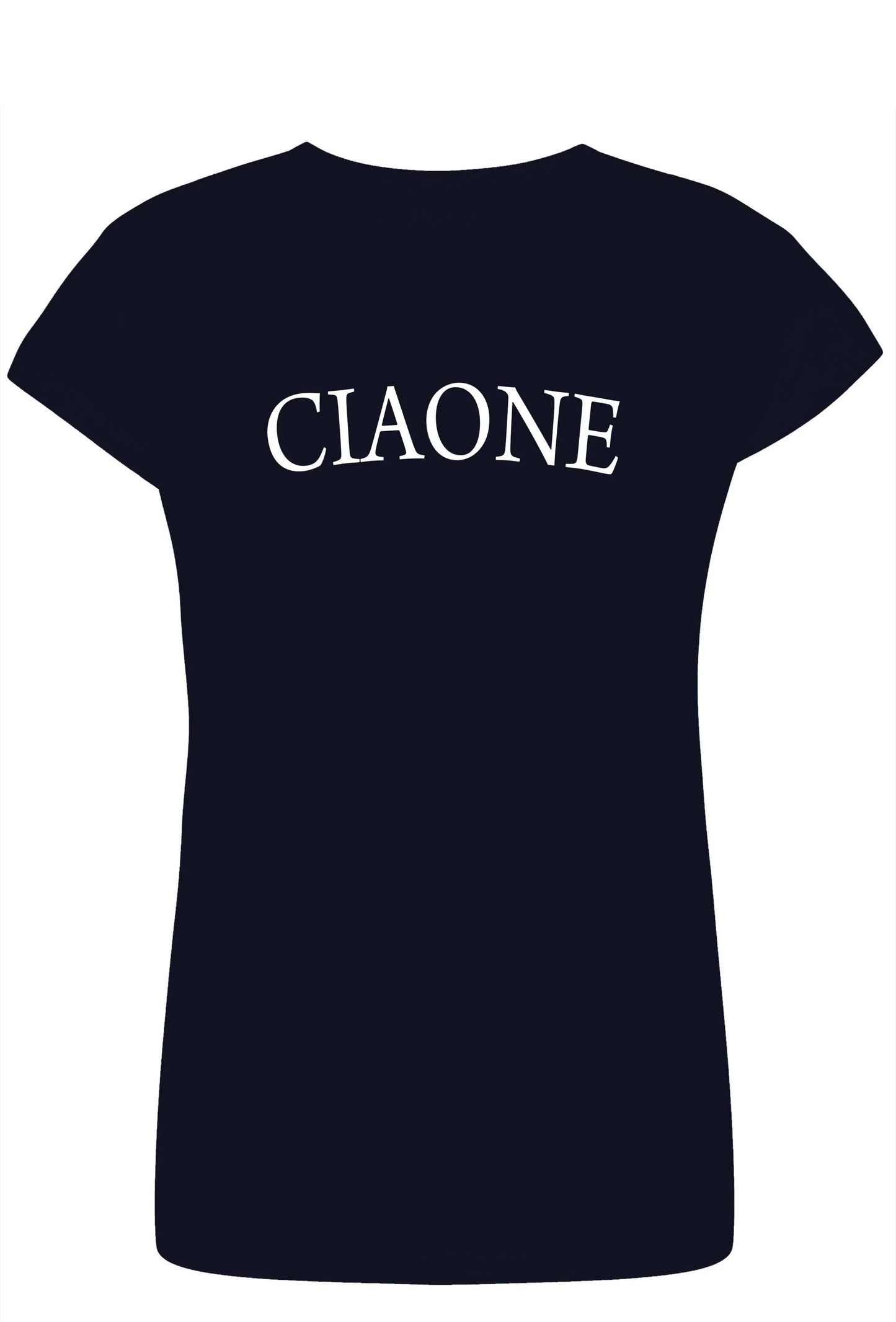 T-shirt donna streetwear nera con scritta bianca CIAONE, stile urban, cotone pettinato.