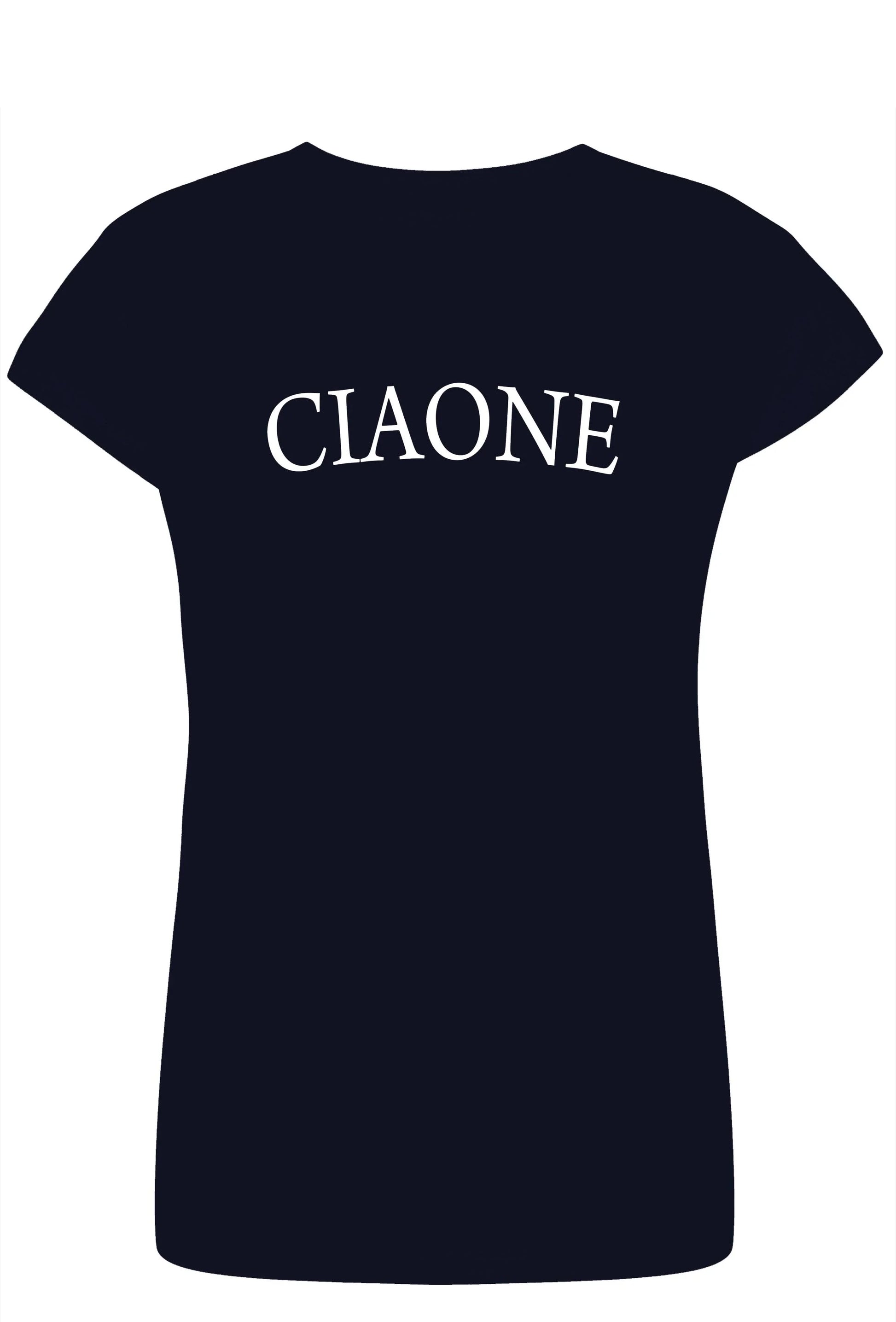 T-shirt donna streetwear nera con scritta bianca CIAONE, stile urban, cotone pettinato.