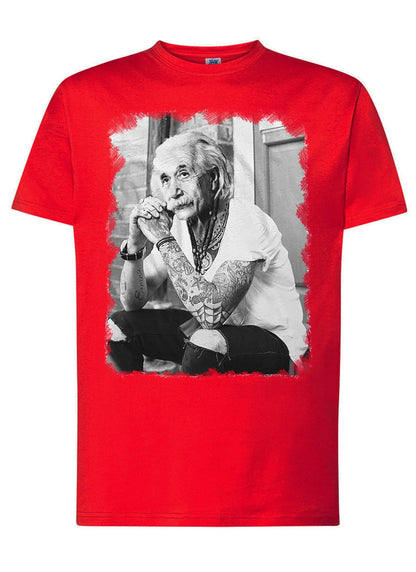 T-shirt rossa streetwear in cotone con stampa artista tatuato in stile urban a colori e bianco e nero