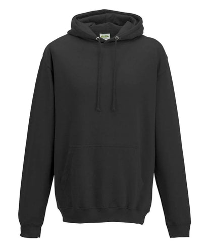 Felpa unisex nera in cotone, stile streetwear, con cappuccio e tasca frontale.