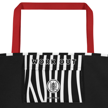 Borsa streetwear urban nera con manici rossi, tasca zebrata bianca e nera, scritta WORK OUT.