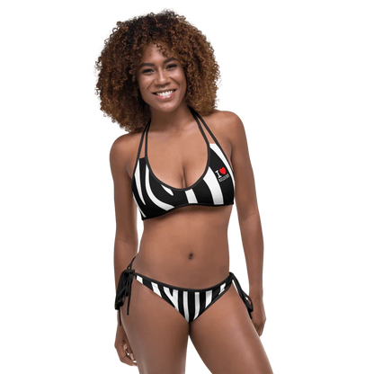 Bikini streetwear donna in stile urban, fantasia zebrata bianco e nero, tessuto sintetico, scritta I Love Riccione.