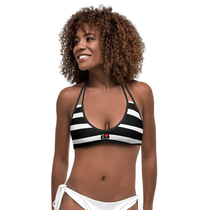 Top bikini streetwear urban a righe bianche e nere, tessuto elasticizzato, logo I Love Riccione