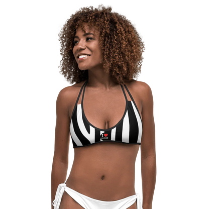 Top bikini streetwear bianco e nero a righe, tessuto sintetico, stile urban, stampa I Love Riccione.