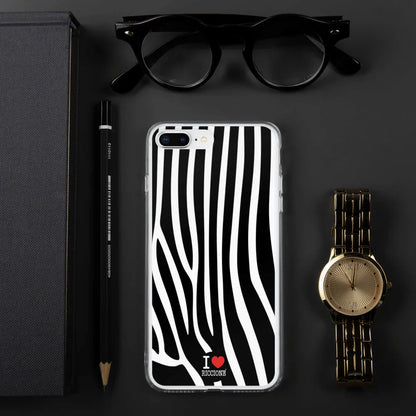 Cover iPhone streetwear stile zebra bianco e nero con scritta I Love Riccione, design urban