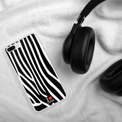 Cover iPhone streetwear urban in silicone, motivo zebrato bianco e nero, scritta I love Riccione.
