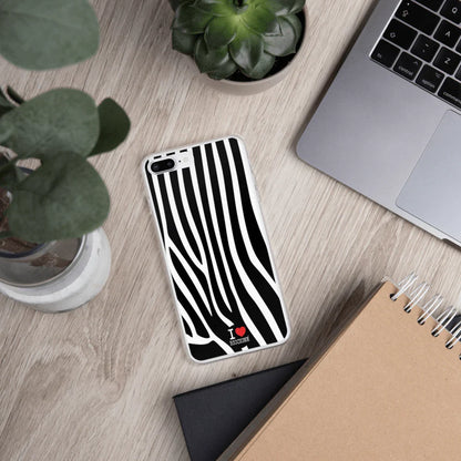 Cover iPhone stile streetwear urban, motivo zebra bianco e nero, scritta I love Riccione