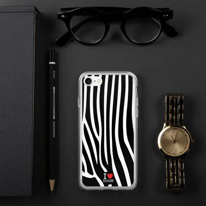 Cover iPhone street style con motivo zebrato bianco e nero e scritta I love Riccione