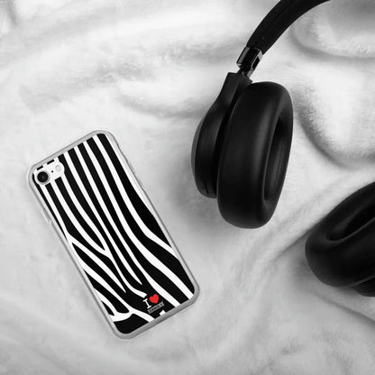 Cover iPhone stile streetwear urban, righe bianche e nere effetto zebra, plastica rigida, scritta I love Riccione.