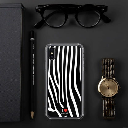 Cover iPhone streetwear urban con motivo zebrato bianco e nero e scritta I love Riccione