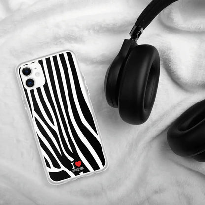 Custodia iPhone streetwear urban in plastica, fantasia zebrata bianco e nero, scritta I Love Riccione