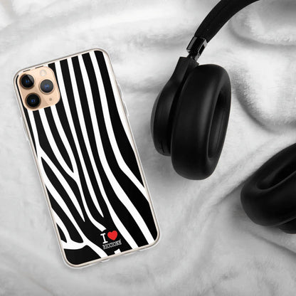 Cover iPhone streetwear nera e bianca stile zebra, scritta I Love Riccione, look urban