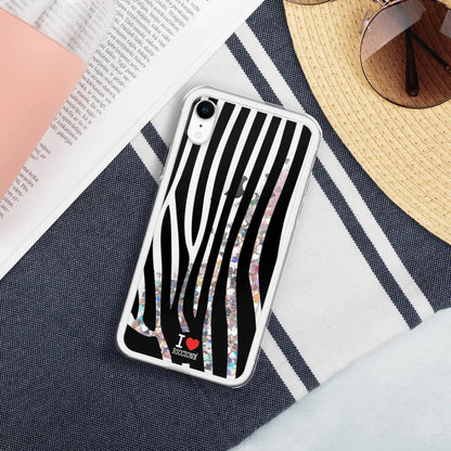 Cover glitter liquido per smartphone, motivo zebrato bianco e nero, stile streetwear urban.