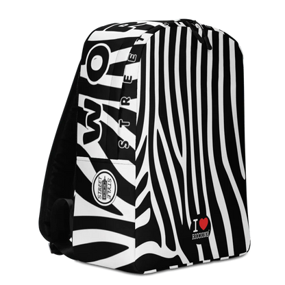 Zaino streetwear urban in poliestere con fantasia zebra bianca e nera e scritta I Love Riccione