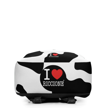 Zaino streetwear bianco e nero minimalista con stampa "I love Riccione", stile urban, tessuto resistente.