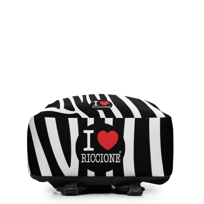 Zaino streetwear urban in tessuto, fantasia zebrata bianco e nero con scritta I love Riccione.