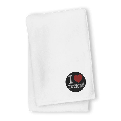 Telo streetwear bianco in cotone turco con scritta I love Riccione, stile urban.