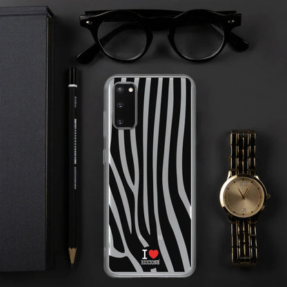 Custodia Samsung effetto zebra in plastica trasparente con scritta I love Riccione, stile urban