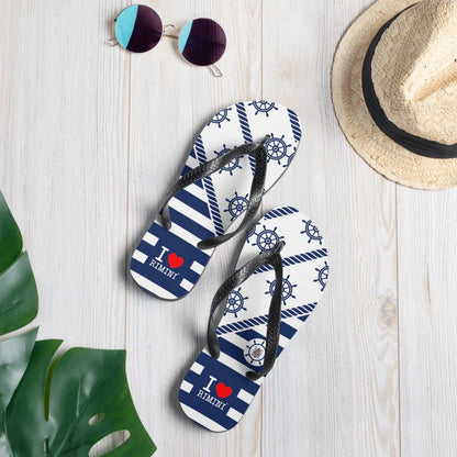 Infradito streetwear bianche e blu con stampa marinara, scritta I love Rimini, stile urban