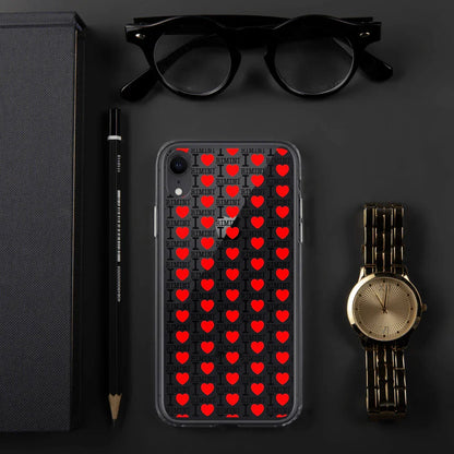 Cover iPhone trasparente streetwear con motivo I love Rimini e cuori rossi, stile urban
