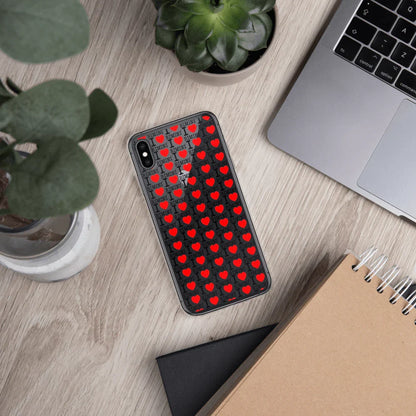 Custodia iPhone trasparente stile streetwear con scritta nera e cuori rossi, urban design