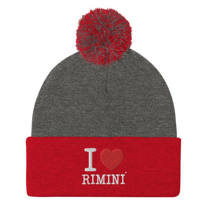 Beanie streetwear grigio con risvolto rosso, scritta ricamata 'I love Rimini', pompon in lana.