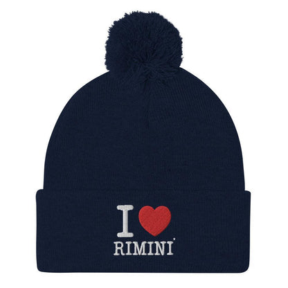 Beanie streetwear blu scuro con pompon, scritta ricamata I love Rimini in stile urban.