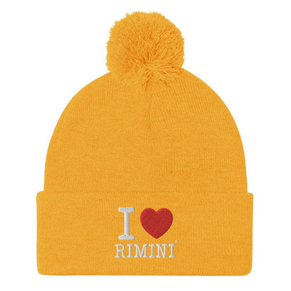 Berretto streetwear giallo con pompon, scritta ricamata I love Rimini in stile urban