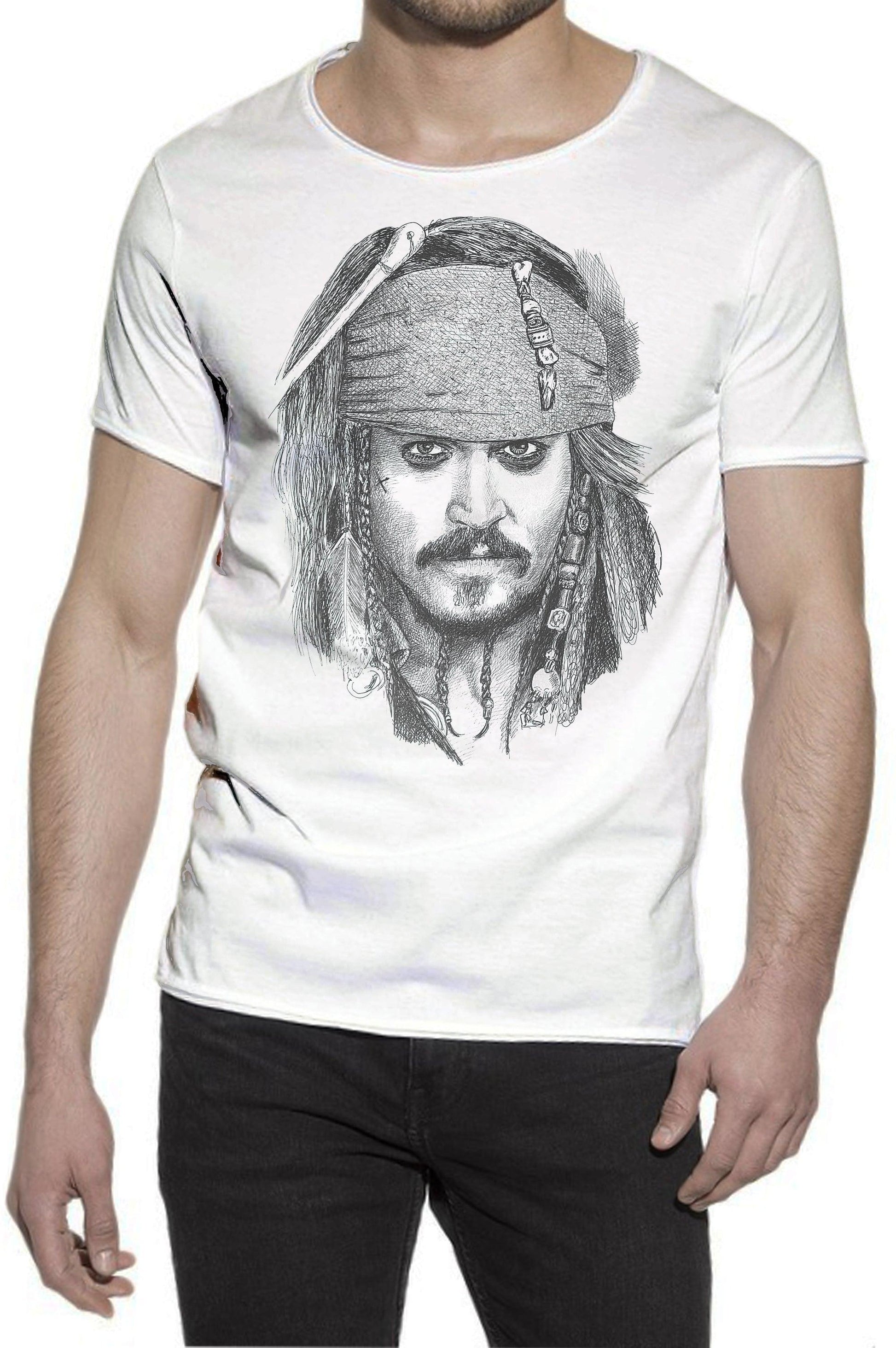 T-shirt bianca uomo cotone, stampa street style urban con disegno pirata iconico