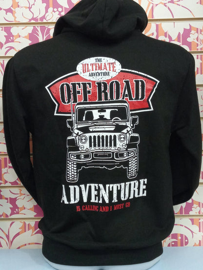 Felpa unisex streetwear nera con cappuccio, stampa grafica off road e jeep, stile urban